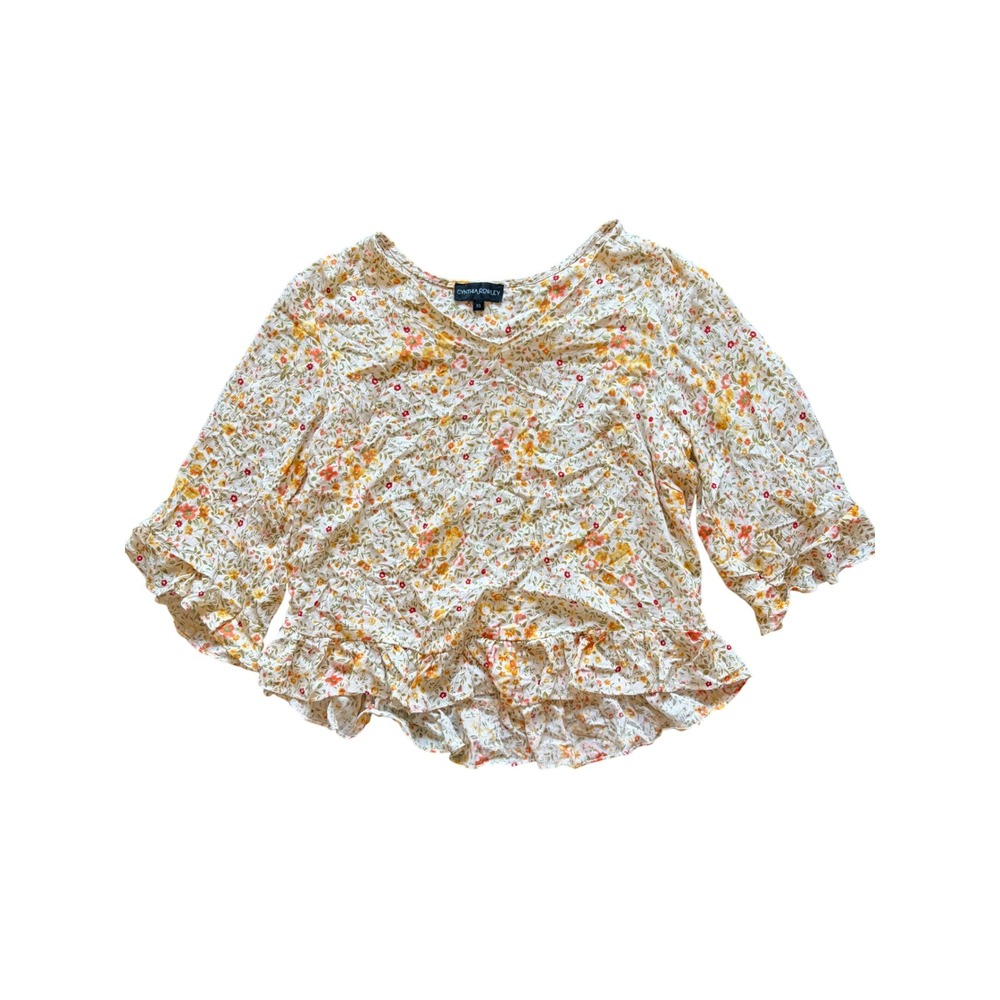 Cynthia Rowley Floral V-Neck Ruffle Blouse Orange Yellow XS